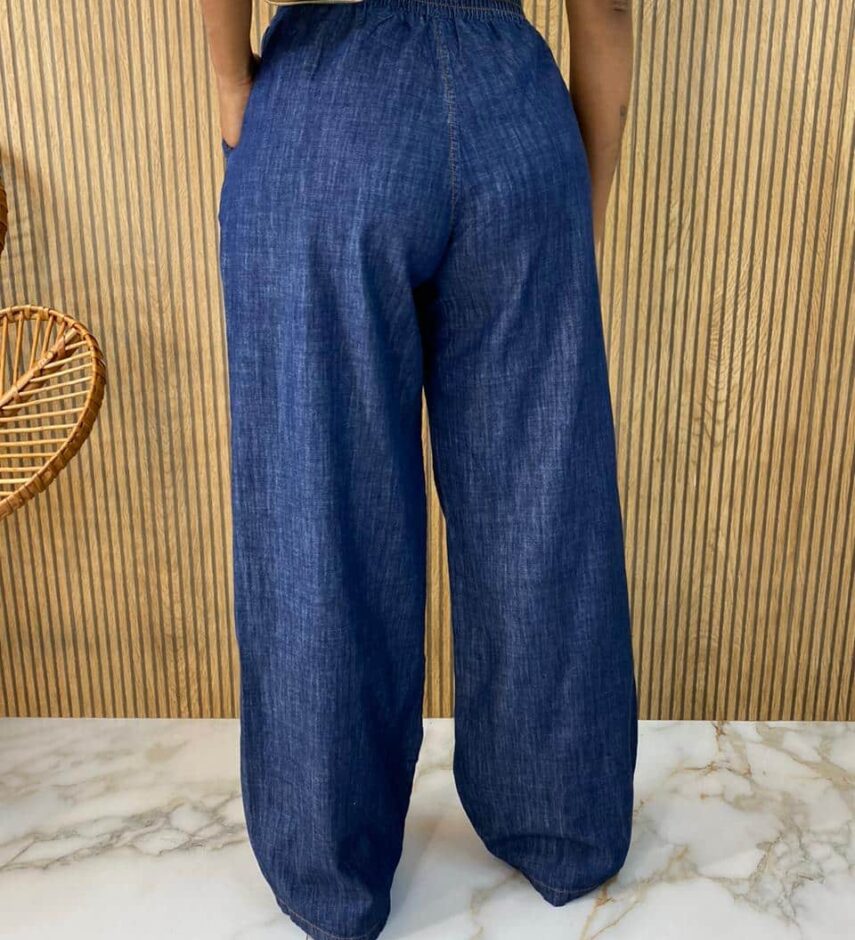Calça Jeans Escuro Feminina Pantalona com Elástico - Fernanda Ramos Store