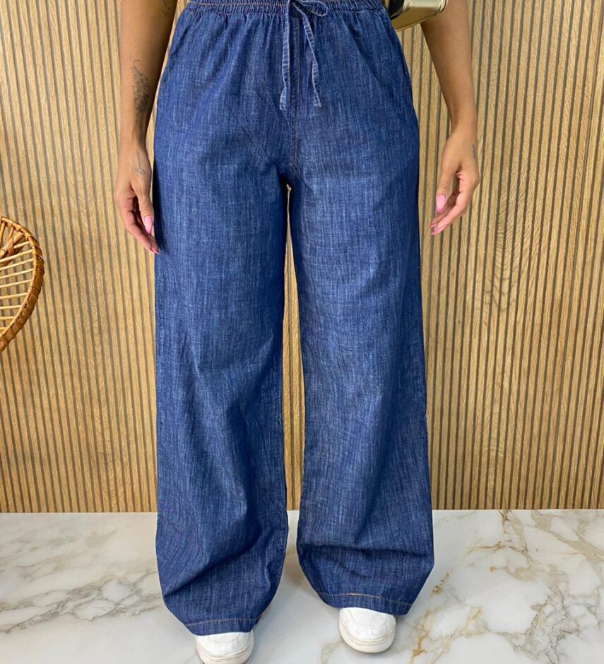 Calça Jeans Escuro Feminina Pantalona com Elástico - Fernanda Ramos Store