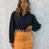 Camisa Cropped Feminino Manga Longa Elis Preta - Fernanda Ramos Store