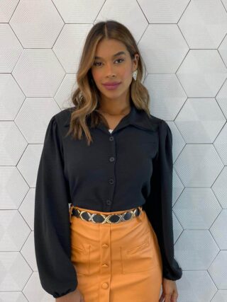 Camisa Cropped Feminino Manga Longa Elis Preta - Fernanda Ramos Store