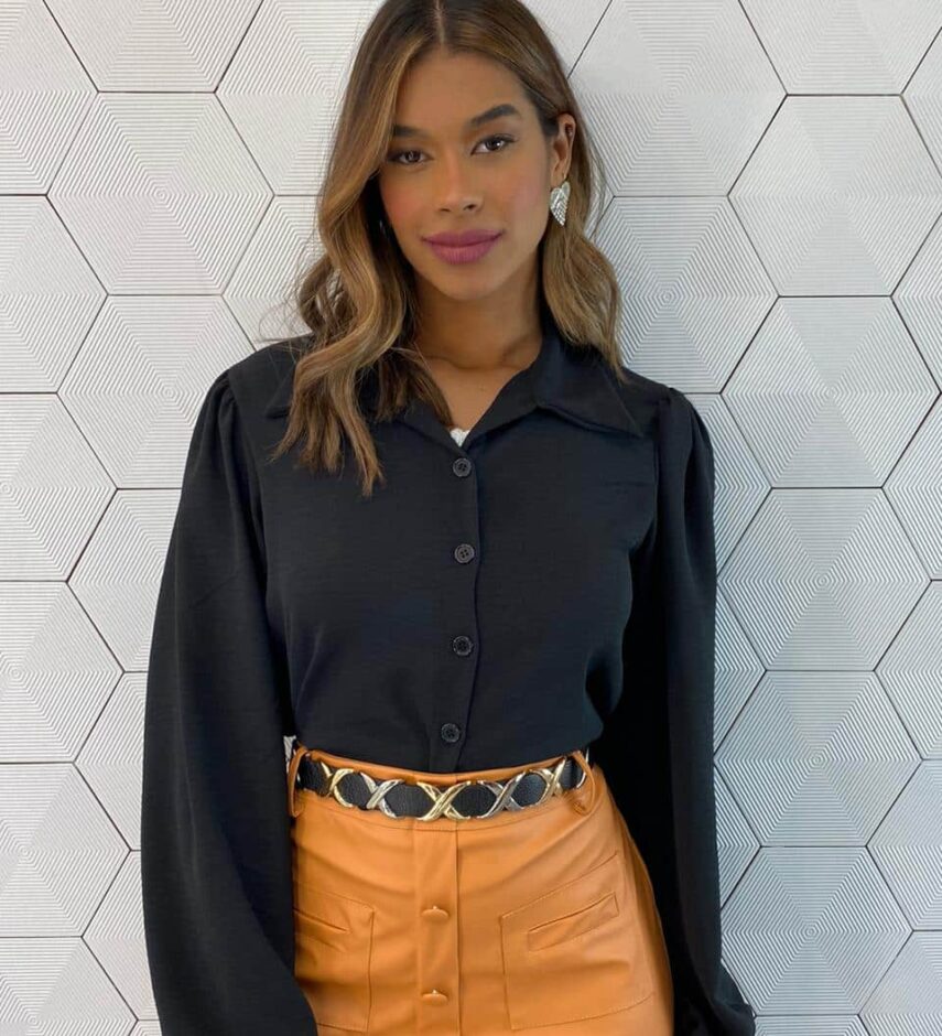 Camisa Cropped Feminino Manga Longa Elis Preta - Fernanda Ramos Store