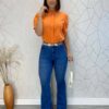 Camisa Feminina Manga Curta com Aplicações Laranja - Fernanda Ramos Store