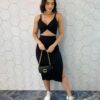 Conjunto Canelado Elis Cropped com Bojo e Saia Midi Preto - Fernanda Ramos Store