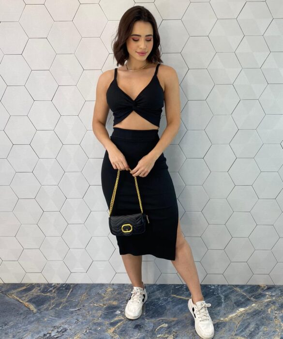 Conjunto Canelado Elis Cropped com Bojo e Saia Midi Preto - Fernanda Ramos Store