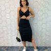 Conjunto Canelado Elis Cropped com Bojo e Saia Midi Preto - Fernanda Ramos Store