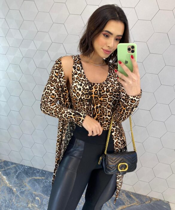 Conjunto Feminino Cardigan Alongado e Regata Animal Print - Fernanda Ramos Store