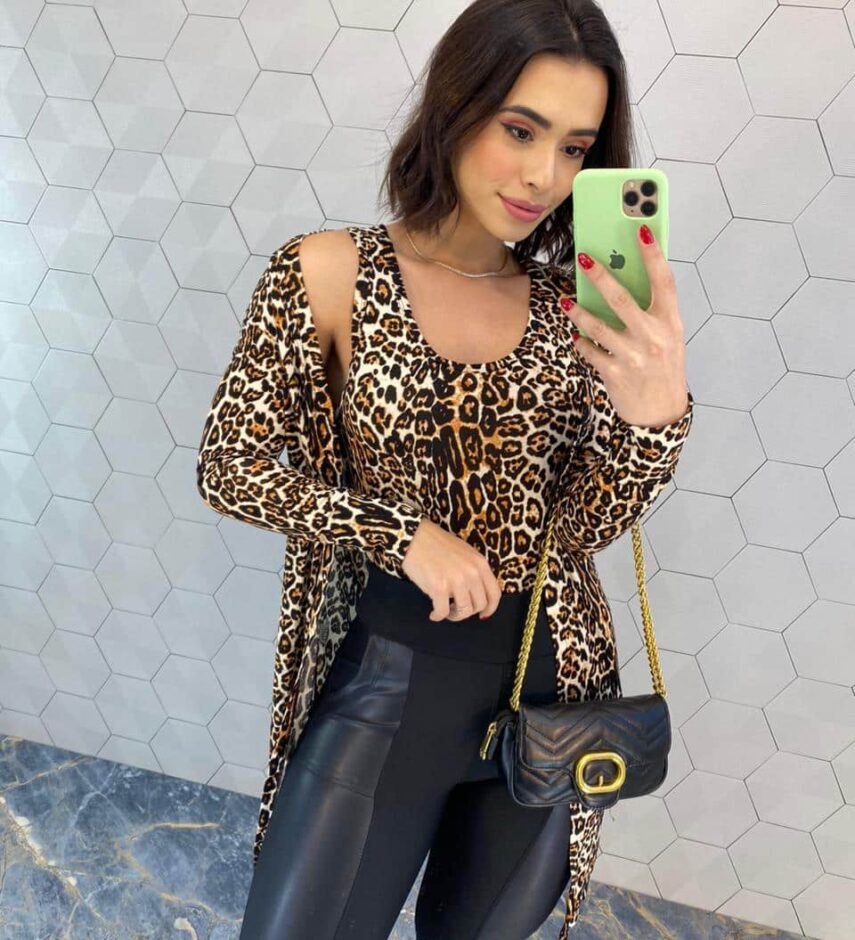 Conjunto Feminino Cardigan Alongado e Regata Animal Print - Fernanda Ramos Store