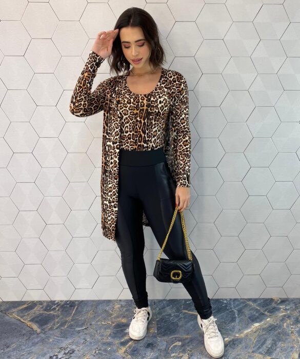 Conjunto Feminino Cardigan Alongado e Regata Animal Print - Fernanda Ramos Store