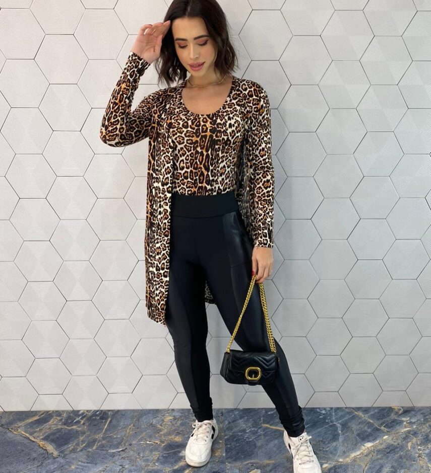Conjunto Feminino Cardigan Alongado e Regata Animal Print - Fernanda Ramos Store