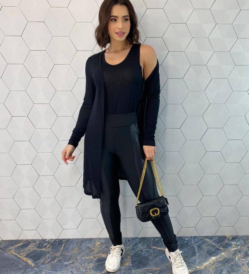 Conjunto Feminino Cardigan Alongado e Regata Preto - Fernanda Ramos Store