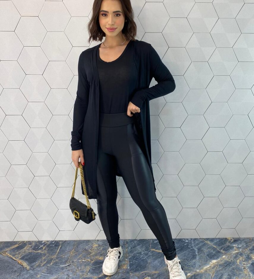 Conjunto Feminino Cardigan Alongado e Regata Preto - Fernanda Ramos Store