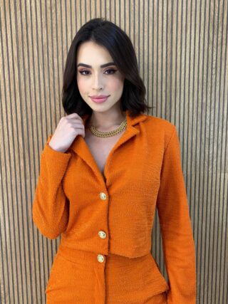 Conjunto Feminino Casaquinho Manga Longa e Short Laranja - Fernanda Ramos Store