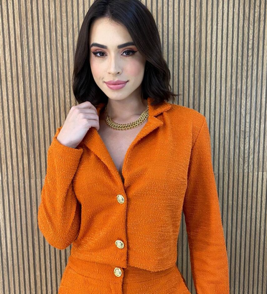 Conjunto Feminino Casaquinho Manga Longa e Short Laranja - Fernanda Ramos Store