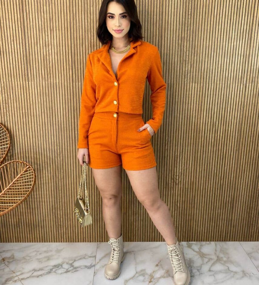 Conjunto Feminino Casaquinho Manga Longa e Short Laranja - Fernanda Ramos Store