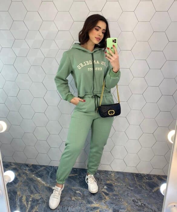 Conjunto Moletom Maya Calça e Cropped Manga Longa Verde Fernanda Ramos Store