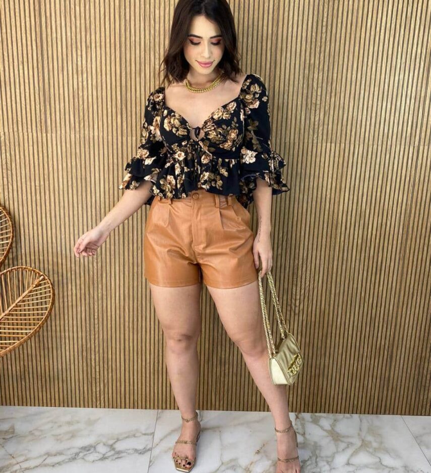 Cropped Feminino com Bojo Manga 3/4 Lastex Atrás Estampado - Fernanda Ramos Store
