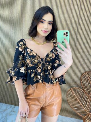 Cropped Feminino com Bojo Manga 3/4 Lastex Atrás Estampado - Fernanda Ramos Store