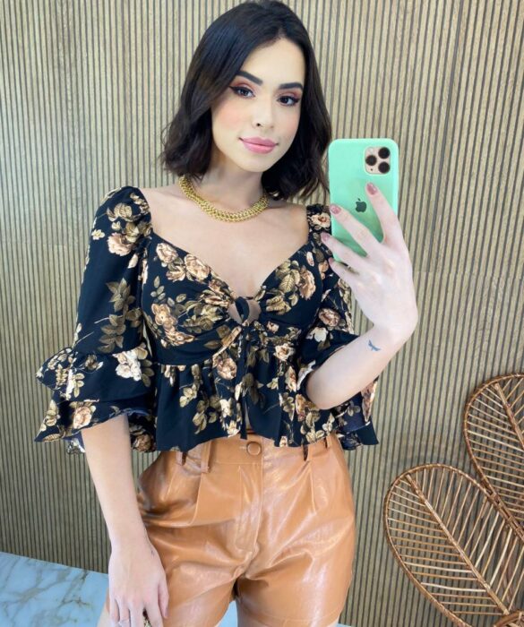 Cropped Feminino com Bojo Manga 3/4 Lastex Atrás Estampado - Fernanda Ramos Store