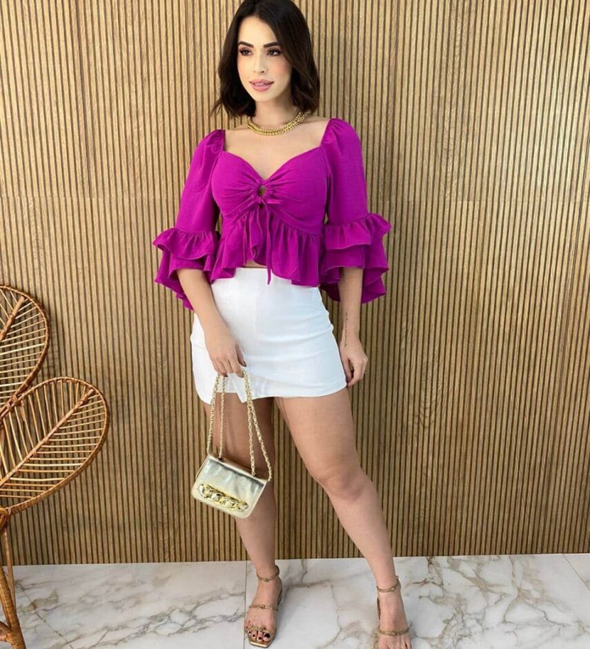 Cropped Feminino com Bojo Manga 3/4 Lastex Atrás Fucsia - Fernanda Ramos Store