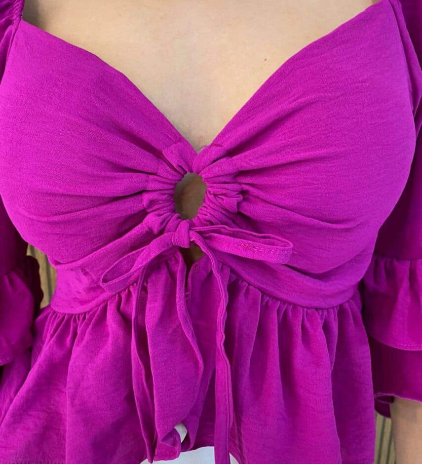 Cropped Feminino com Bojo Manga 3/4 Lastex Atrás Fucsia - Fernanda Ramos Store