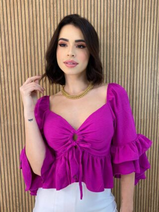 Cropped Feminino com Bojo Manga 3/4 Lastex Atrás Fucsia - Fernanda Ramos Store