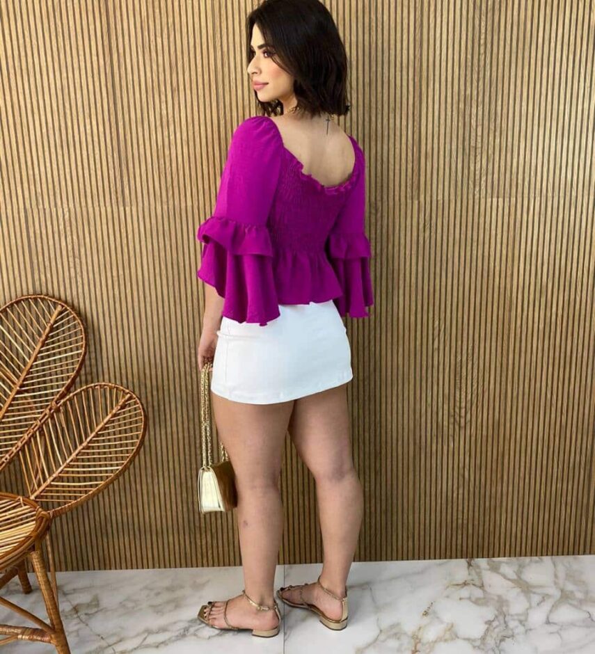 Cropped Feminino com Bojo Manga 3/4 Lastex Atrás Fucsia - Fernanda Ramos Store