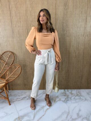 Cropped Feminino com Bojo Manga Longa Bia Bege - Fernanda Ramos Store