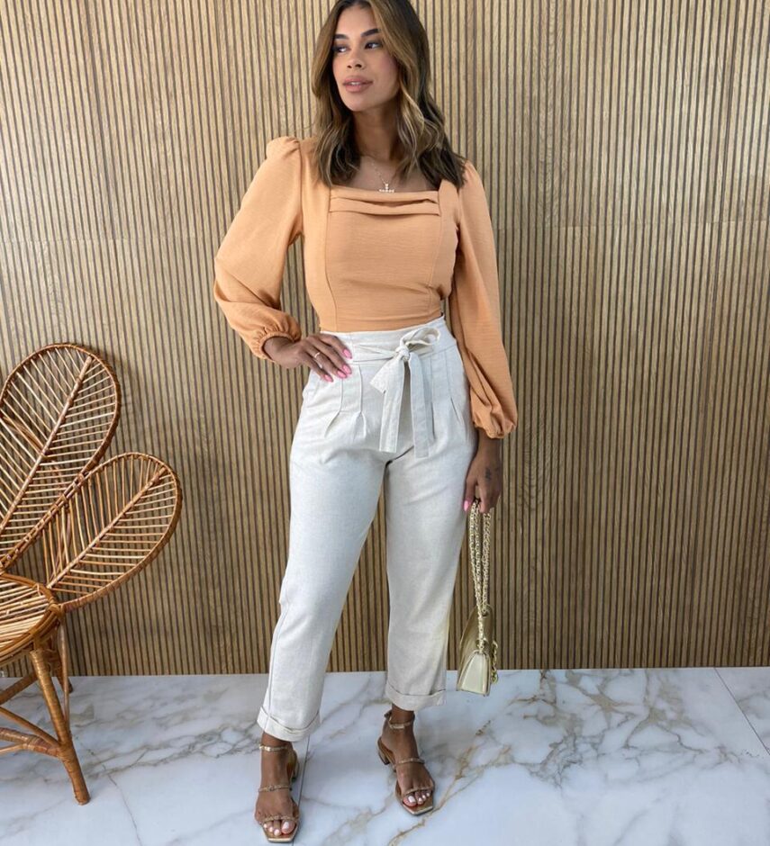 Cropped Feminino com Bojo Manga Longa Bia Bege - Fernanda Ramos Store