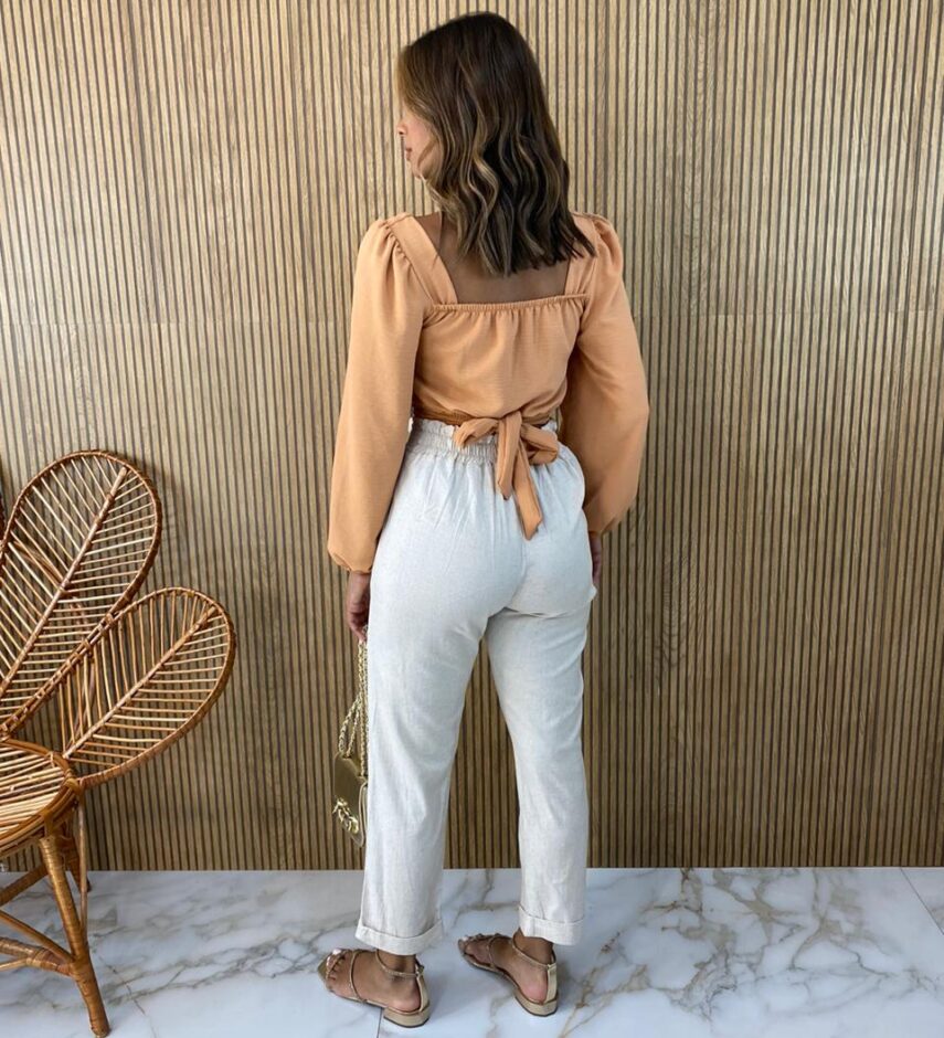 Cropped Feminino com Bojo Manga Longa Bia Bege - Fernanda Ramos Store