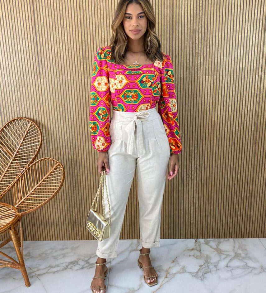 Cropped Feminino com Bojo Manga Longa Bia Estampado - Fernanda Ramos Store