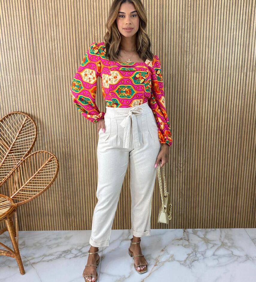 Cropped Feminino com Bojo Manga Longa Bia Estampado - Fernanda Ramos Store