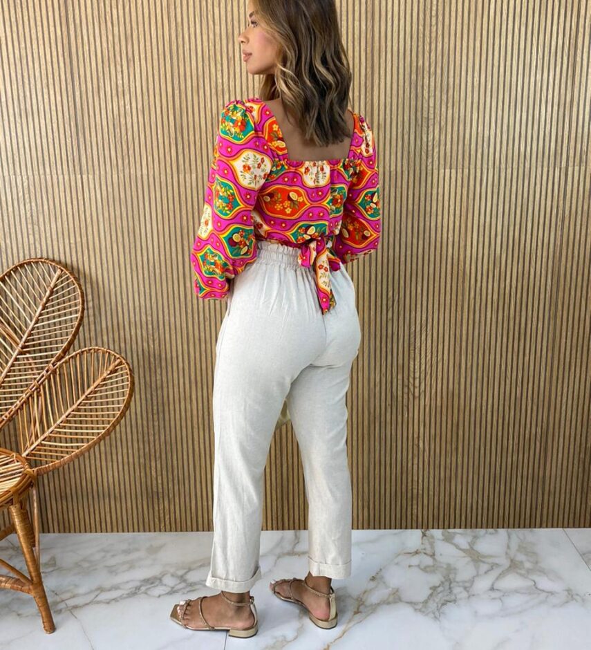 Cropped Feminino com Bojo Manga Longa Bia Estampado - Fernanda Ramos Store