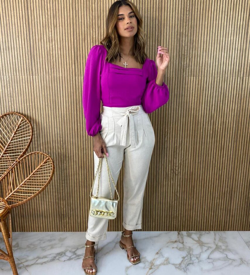 Cropped Feminino com Bojo Manga Longa Bia Fúcsia - Fernanda Ramos Store