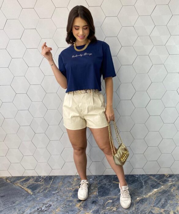 Cropped Feminino Manga Curta Positivity Always Azul - Fernanda Ramos Store