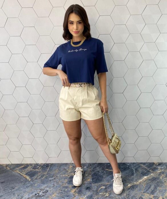 Cropped Feminino Manga Curta Positivity Always Azul - Fernanda Ramos Store