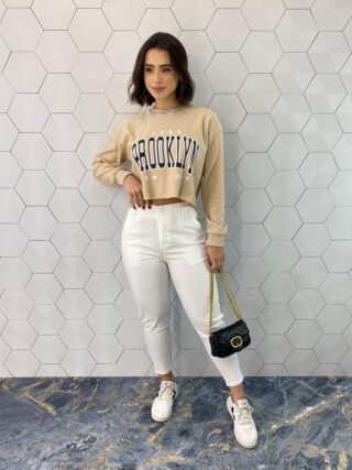 Cropped Feminino Manga Longa Moletom Brooklyn Bege - Fernanda Ramos Store