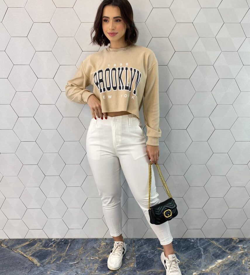 Cropped Feminino Manga Longa Moletom Brooklyn Bege - Fernanda Ramos Store