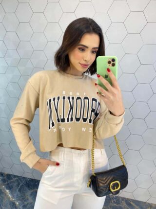 Cropped Feminino Manga Longa Moletom Brooklyn Bege - Fernanda Ramos Store