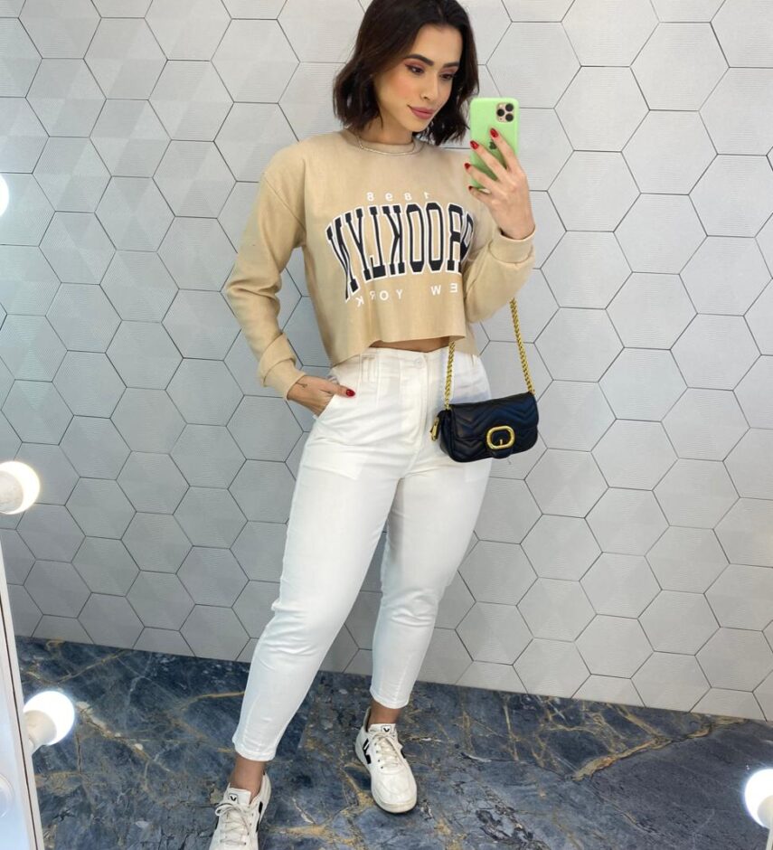 Cropped Feminino Manga Longa Moletom Brooklyn Bege - Fernanda Ramos Store