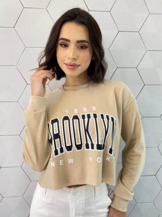 Cropped Feminino Manga Longa Moletom Brooklyn Bege - Fernanda Ramos Store