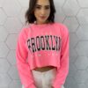 Cropped Feminino Manga Longa Moletom Brooklyn Pink Flúor - Fernanda Ramos Store