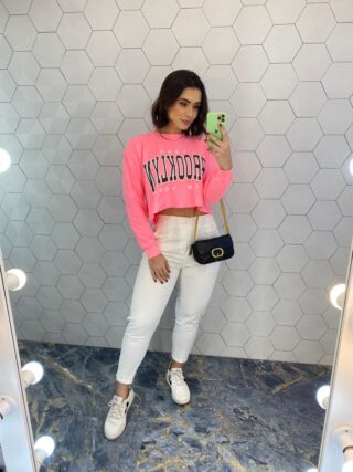 Cropped Feminino Manga Longa Moletom Brooklyn Pink Flúor - Fernanda Ramos Store