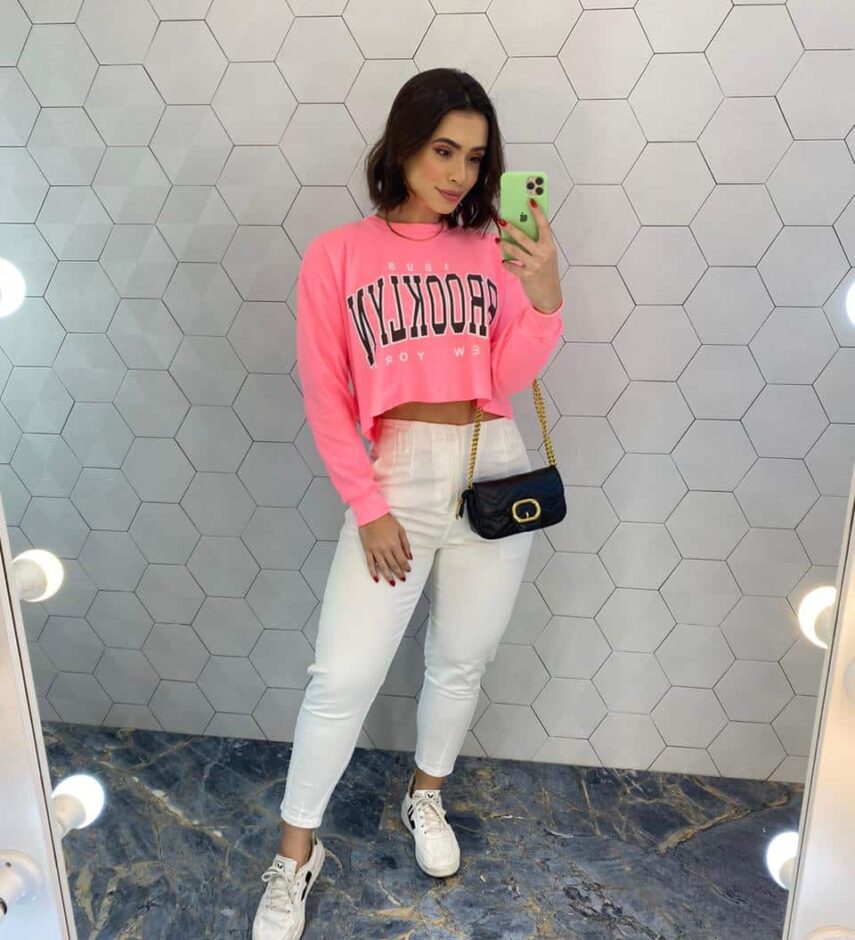 Cropped Feminino Manga Longa Moletom Brooklyn Pink Flúor - Fernanda Ramos Store