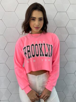 Cropped Feminino Manga Longa Moletom Brooklyn Pink Flúor - Fernanda Ramos Store