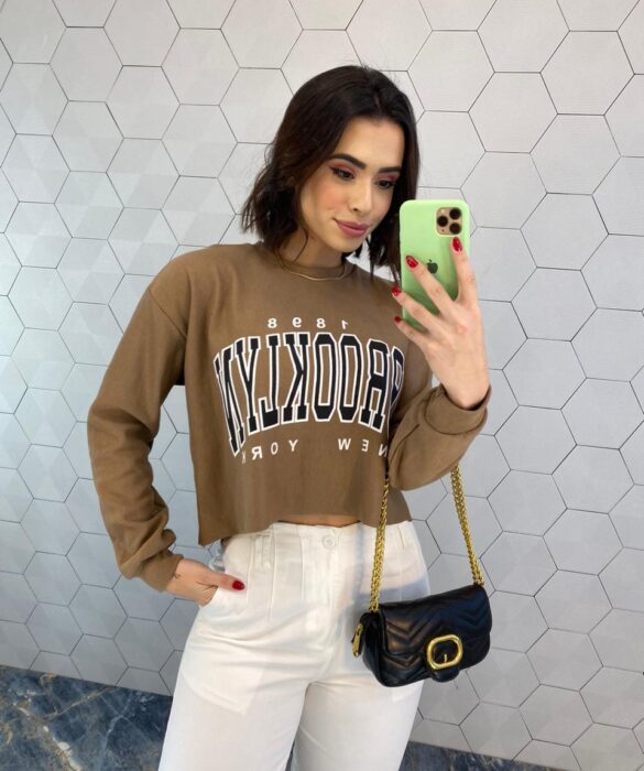 Cropped Feminino Manga Longa Moletom Brooklyn Terra - Fernanda Ramos Store