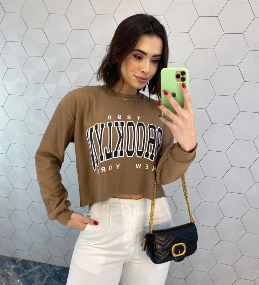 Cropped Feminino Manga Longa Moletom Brooklyn Terra - Fernanda Ramos Store