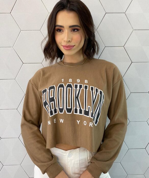 Cropped Feminino Manga Longa Moletom Brooklyn Terra - Fernanda Ramos Store