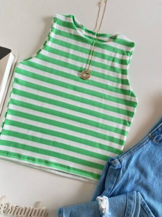 Cropped Feminino sem Bojo Canelado Listrado Verde - Fernanda Ramos Store
