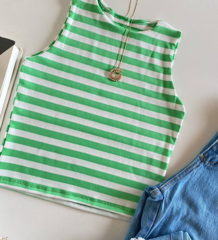 Cropped Feminino sem Bojo Canelado Listrado Verde - Fernanda Ramos Store