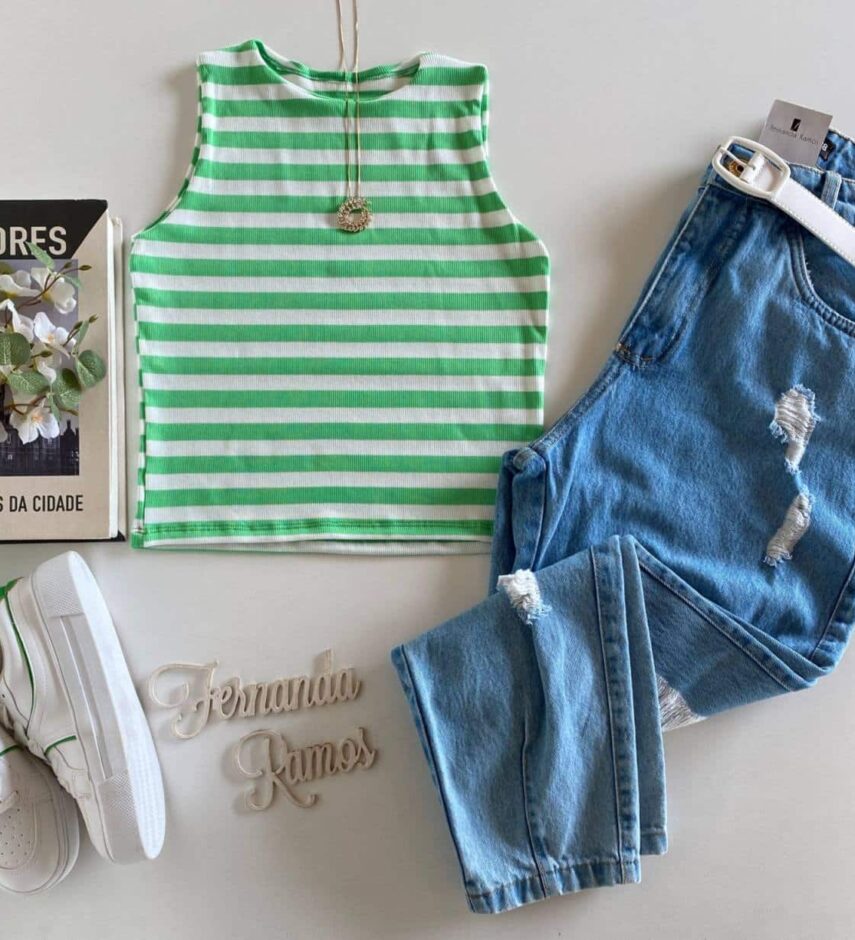 Cropped Feminino sem Bojo Canelado Listrado Verde - Fernanda Ramos Store